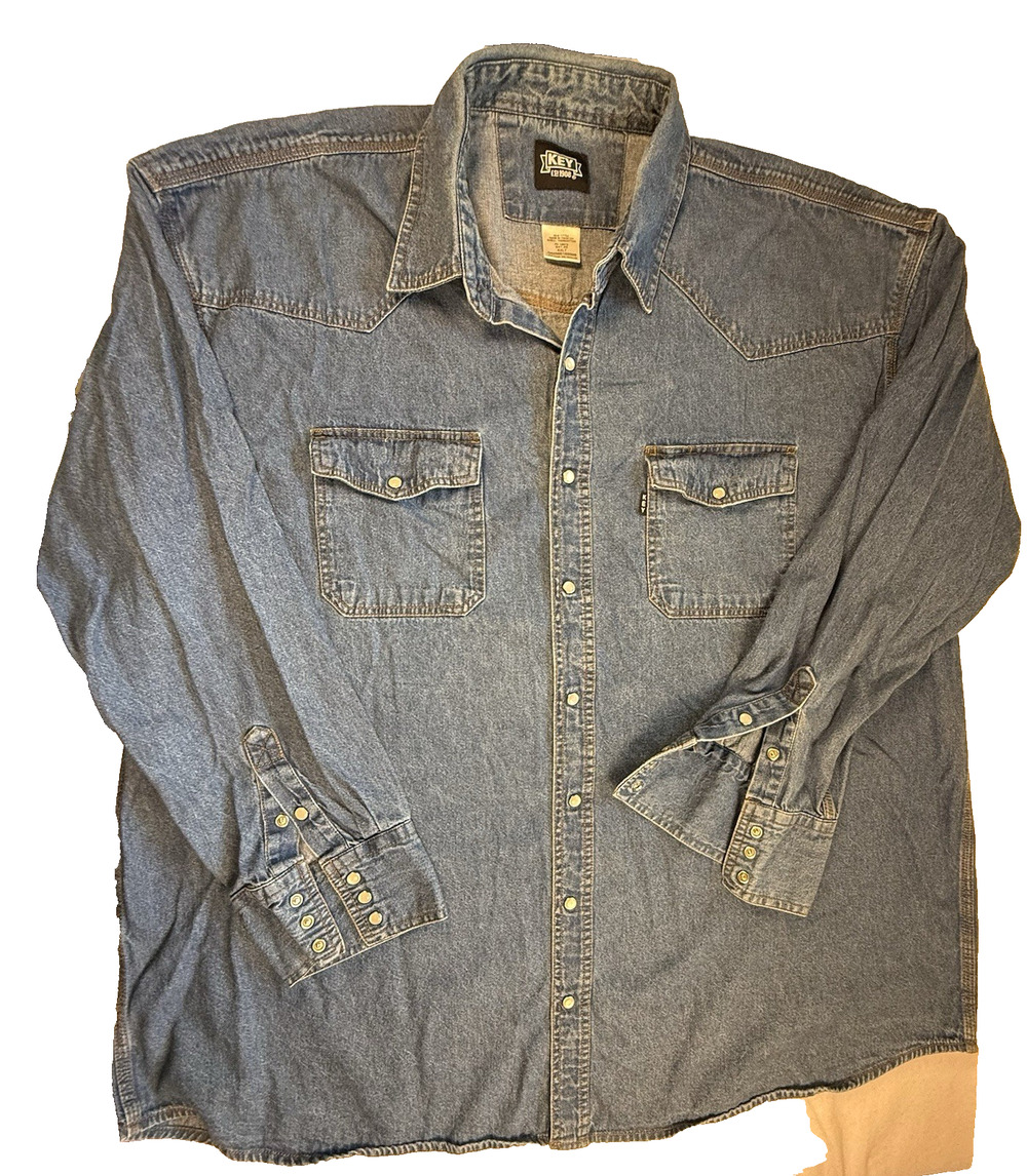 Key Apparel Men's 4XL Denim Western Pearl Snap Shirt Blue Long Sleeve Workwear